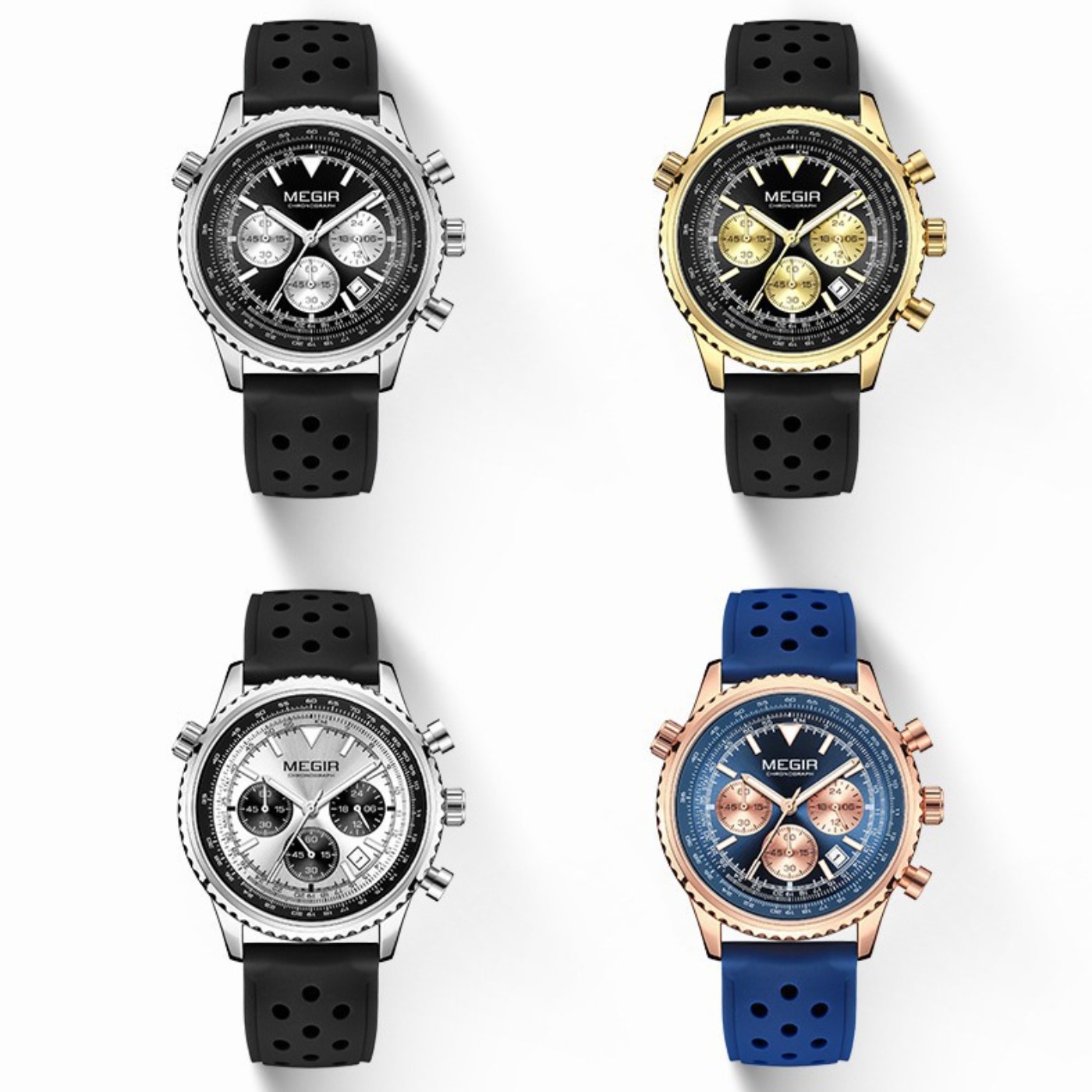 Leather Watch Strap - MEGIR Jam Tangan Kuarsa Hitam Perak